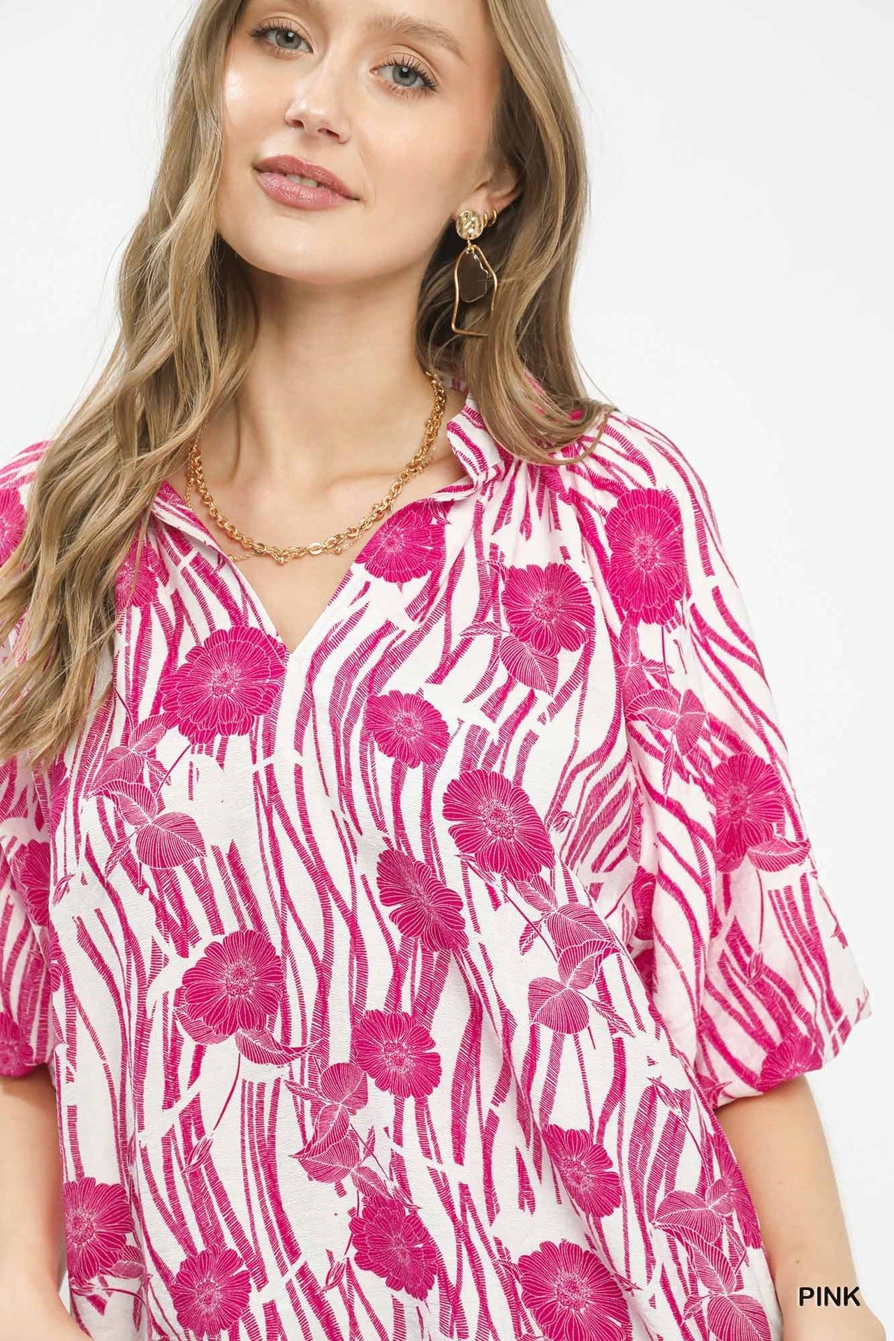 Umgee Floral Scalloped Edge Puff Sleeve Blouse with High-Low Curved Hem