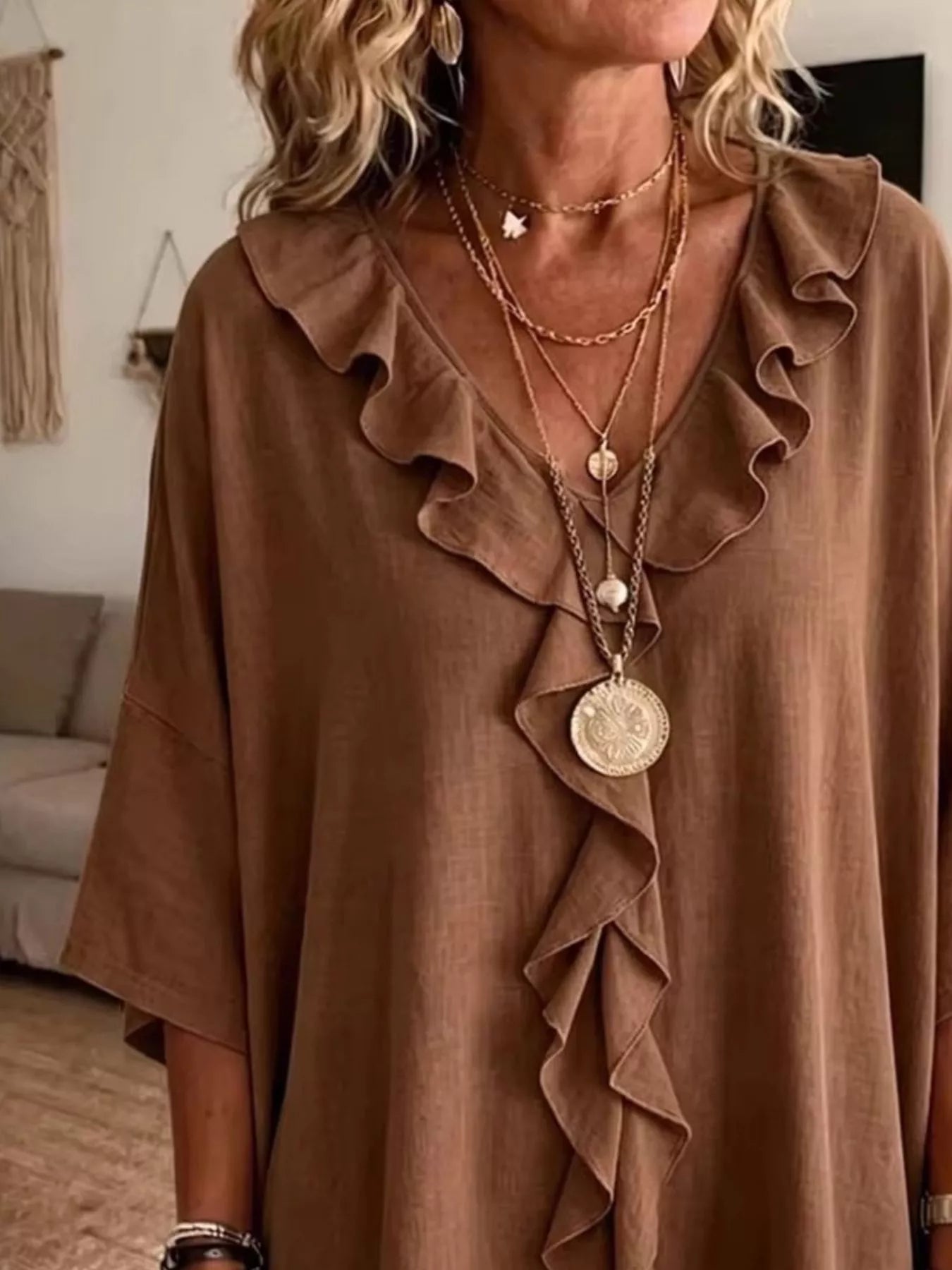 Full Size Ruffle V-Neck 3/4 Sleeve Blouse Plus Size