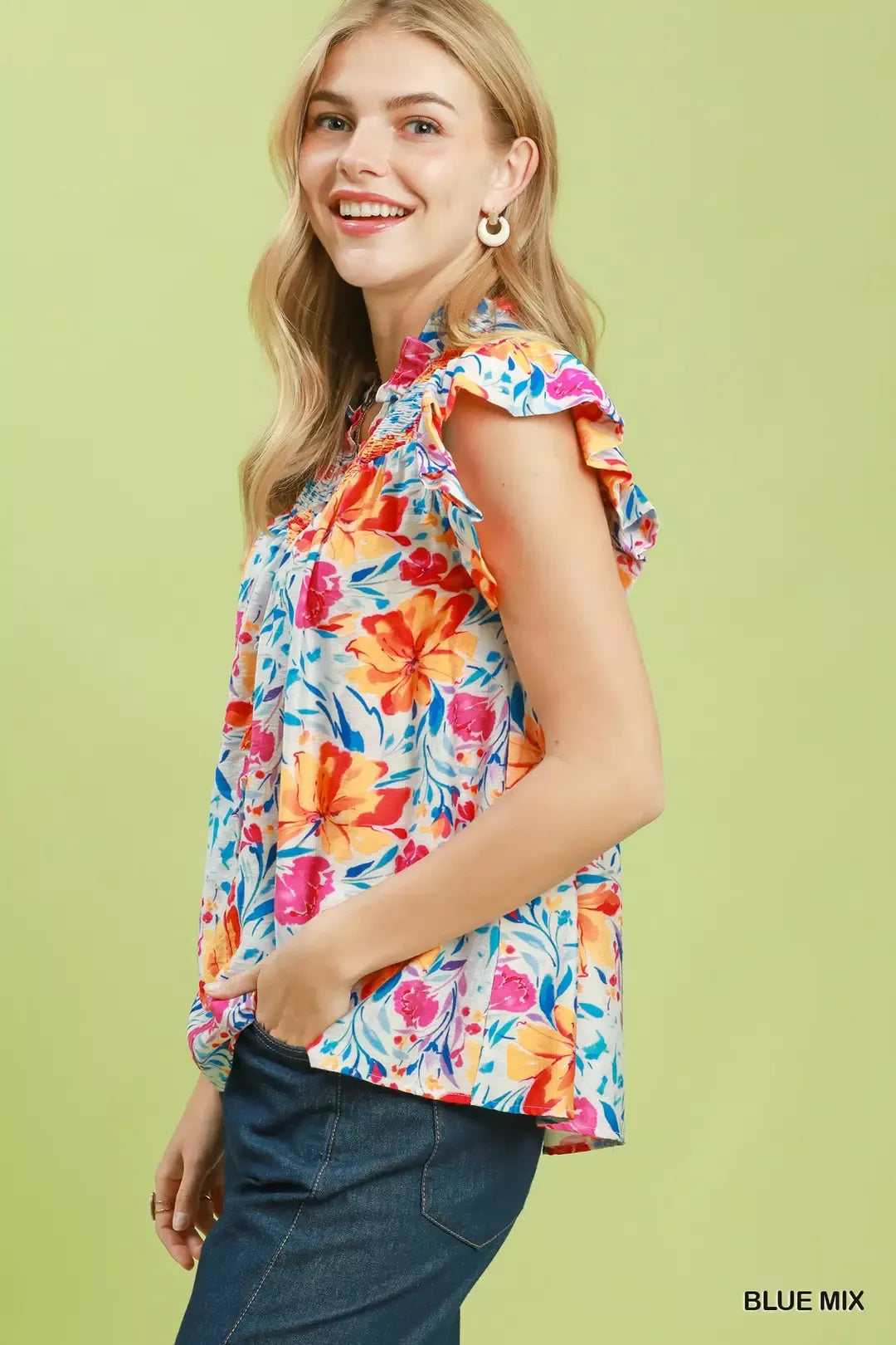 Umgee Smocked Yoke Ruffle Sleeve Floral Blouse