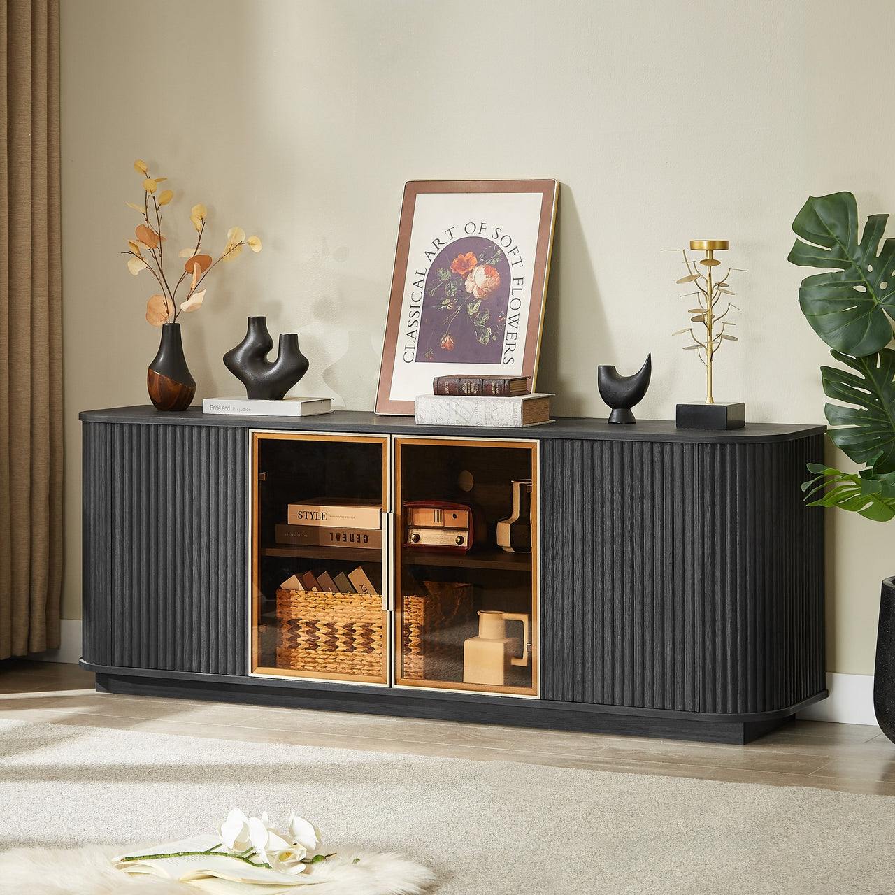 Modern 64-Inch Wavy TV Cabinet with LED Lights, Black, Particleboard and MDF, 64''W x 15''D x 24''H