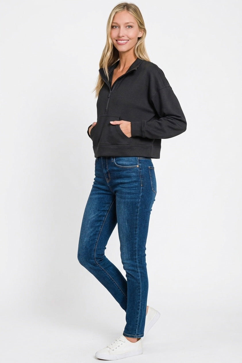 Zenana Scuba Half Zip Pullover With Kangaroo Pockets