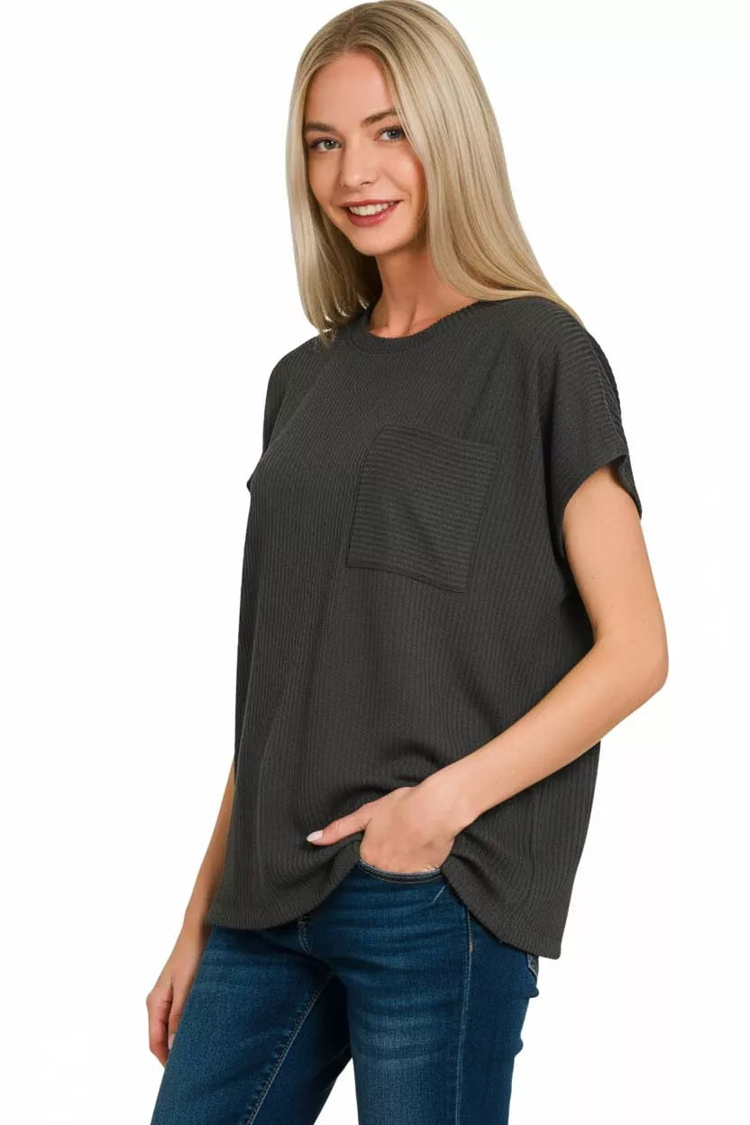 Zenana Raised Rib Front Pocket Boxy Top