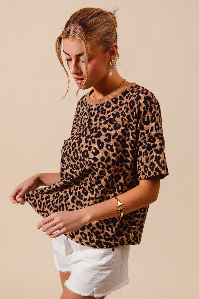 SO ME Leopard Thermal Waffle Knit Loose Fit Top