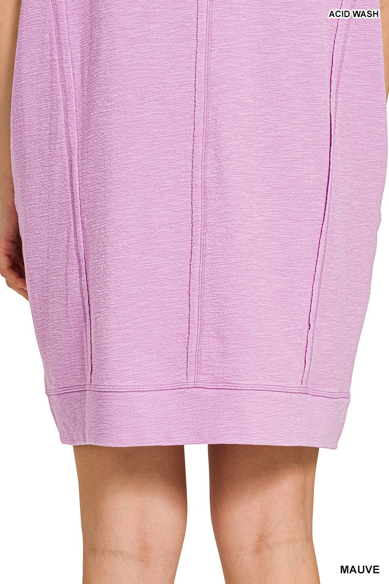 Zenana Washed Slub Short Sleeve Dress With Pockets