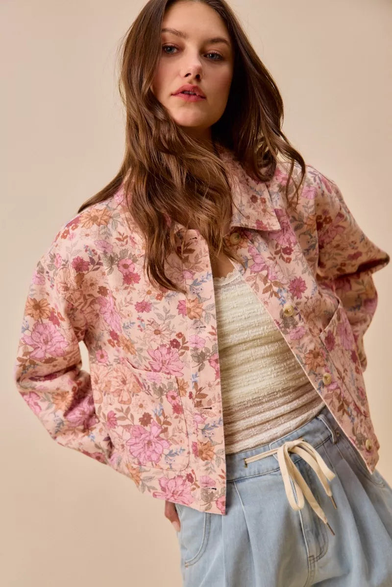 SO ME Floral Print Cotton Twill Button Down Barn Jacket