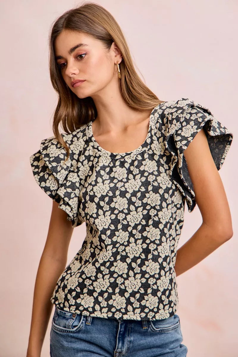 BiBi Floral Jacquard Ruffle Sleeves Knit Top