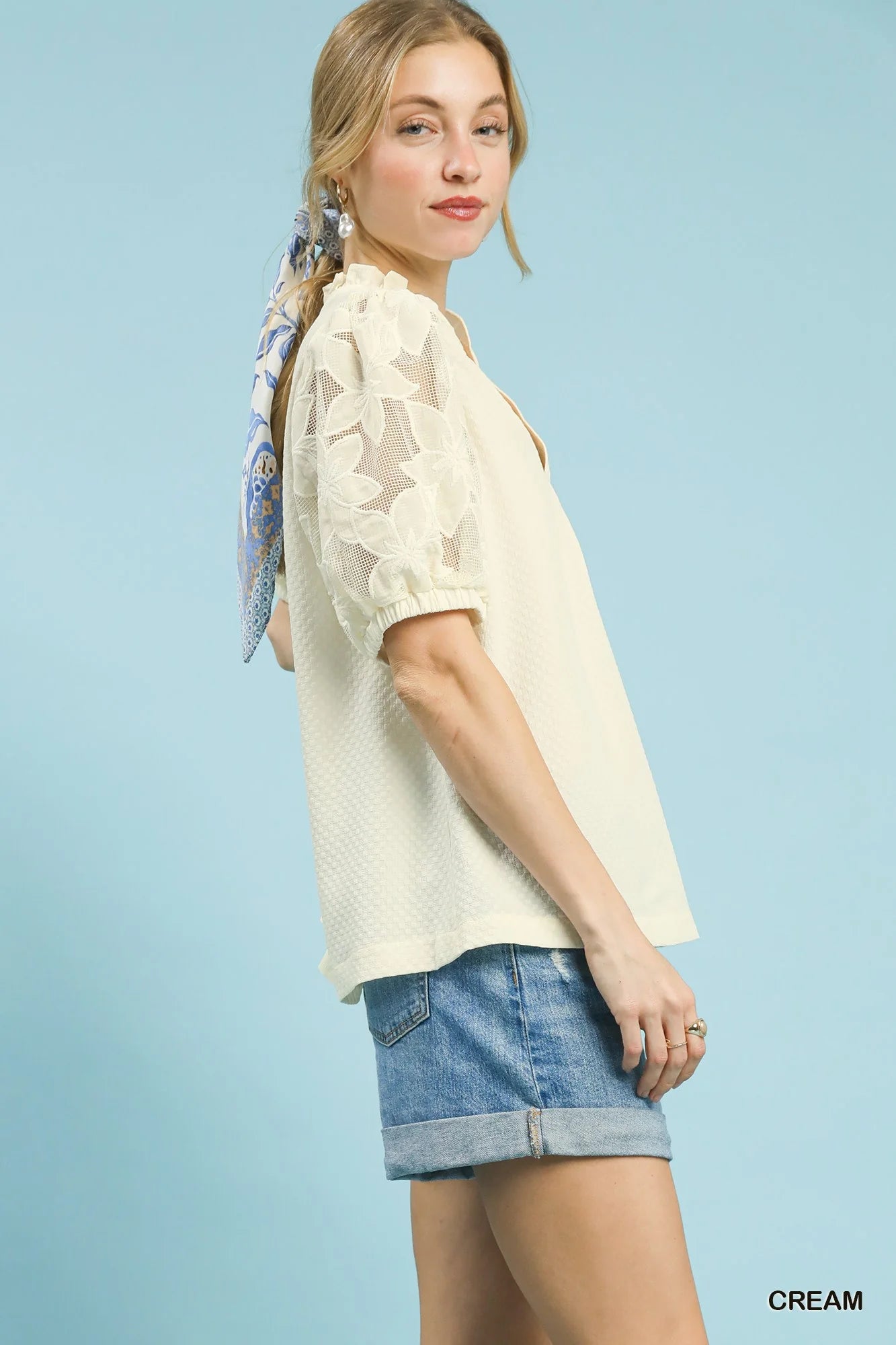 Umgee Textured Blouse with Lace Contrast Sleeves