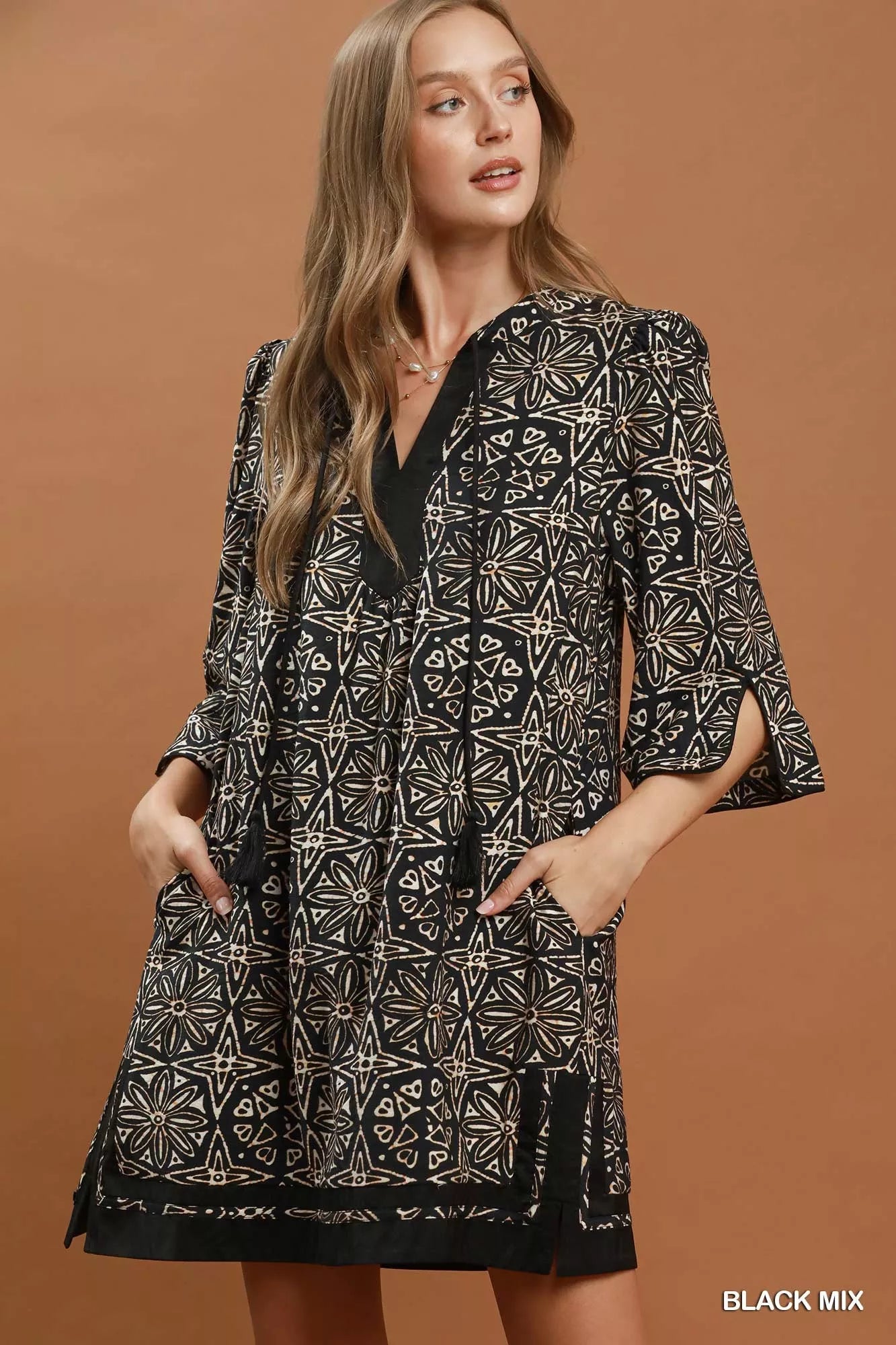 Umgee Mix Geometric Print V-Neck Tassel Detail Tunic Dress