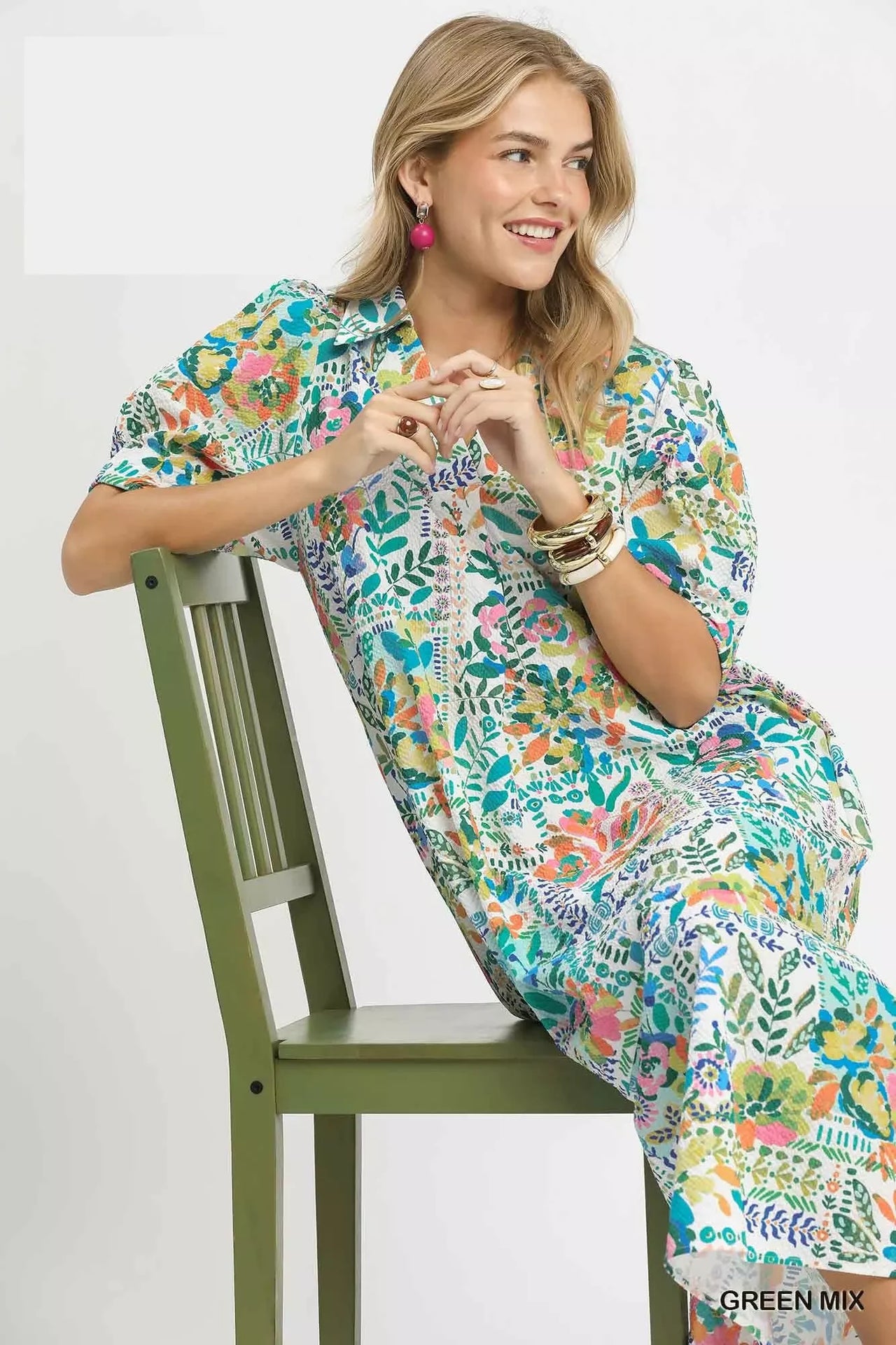 Umgee Folk Print Midi Dress with Side Pockets