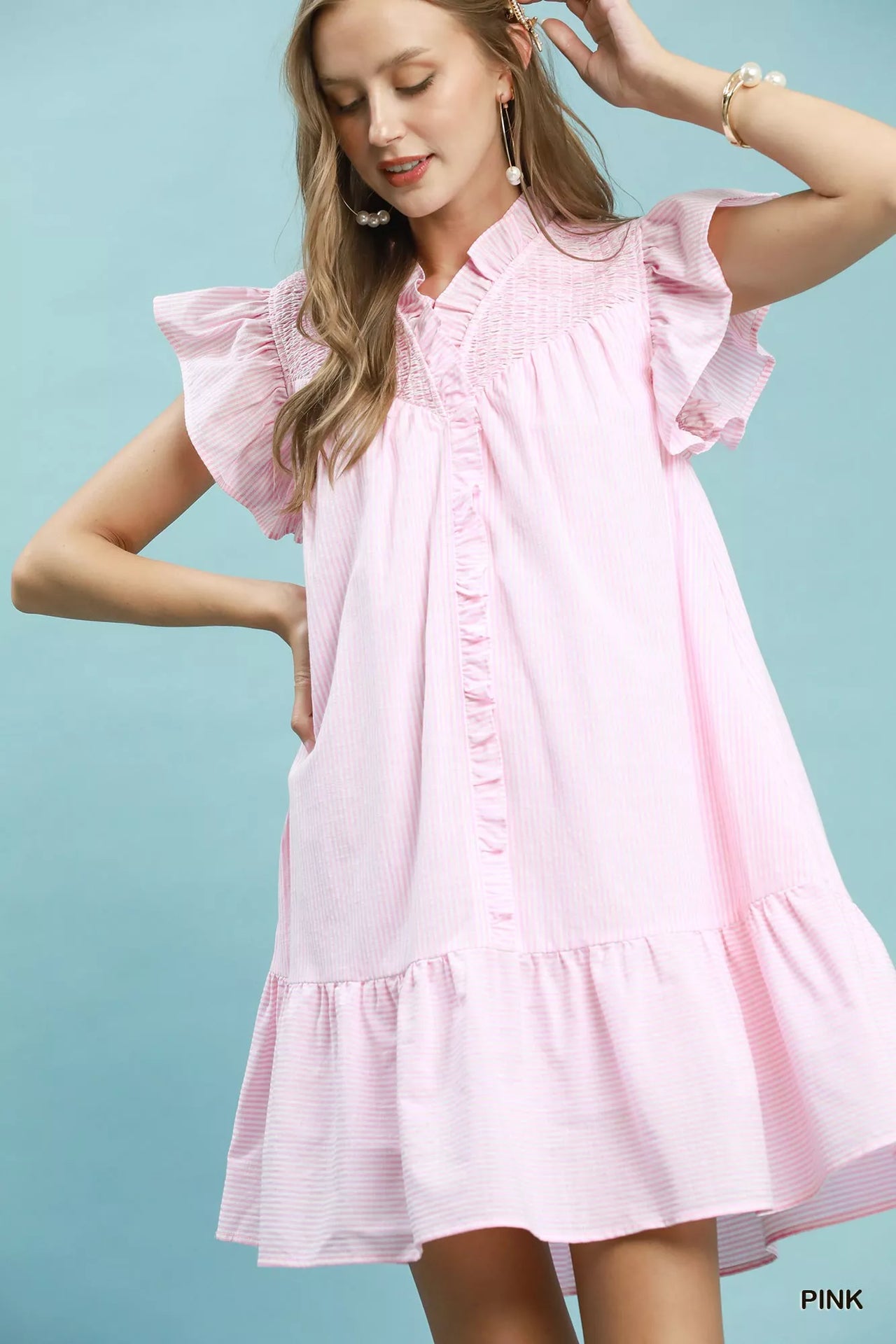 Umgee Stripe Smocked Yoke Ruffle Dress