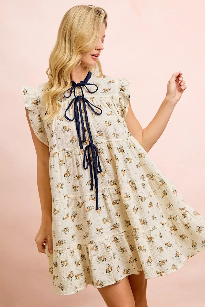 BiBi Floral Multi-tierd Dress With Ruffles And Front Tie