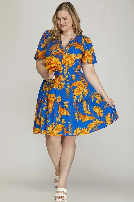 She + Sky Full Size Printed Notched Short Sleeve Frill Tiered Dress Plus Size