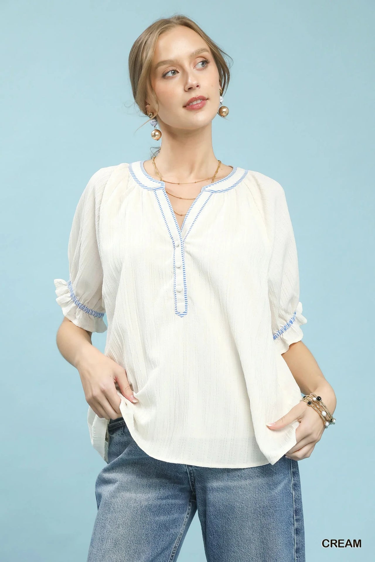 Umgee Textured Split Neck Puff Sleeve Top