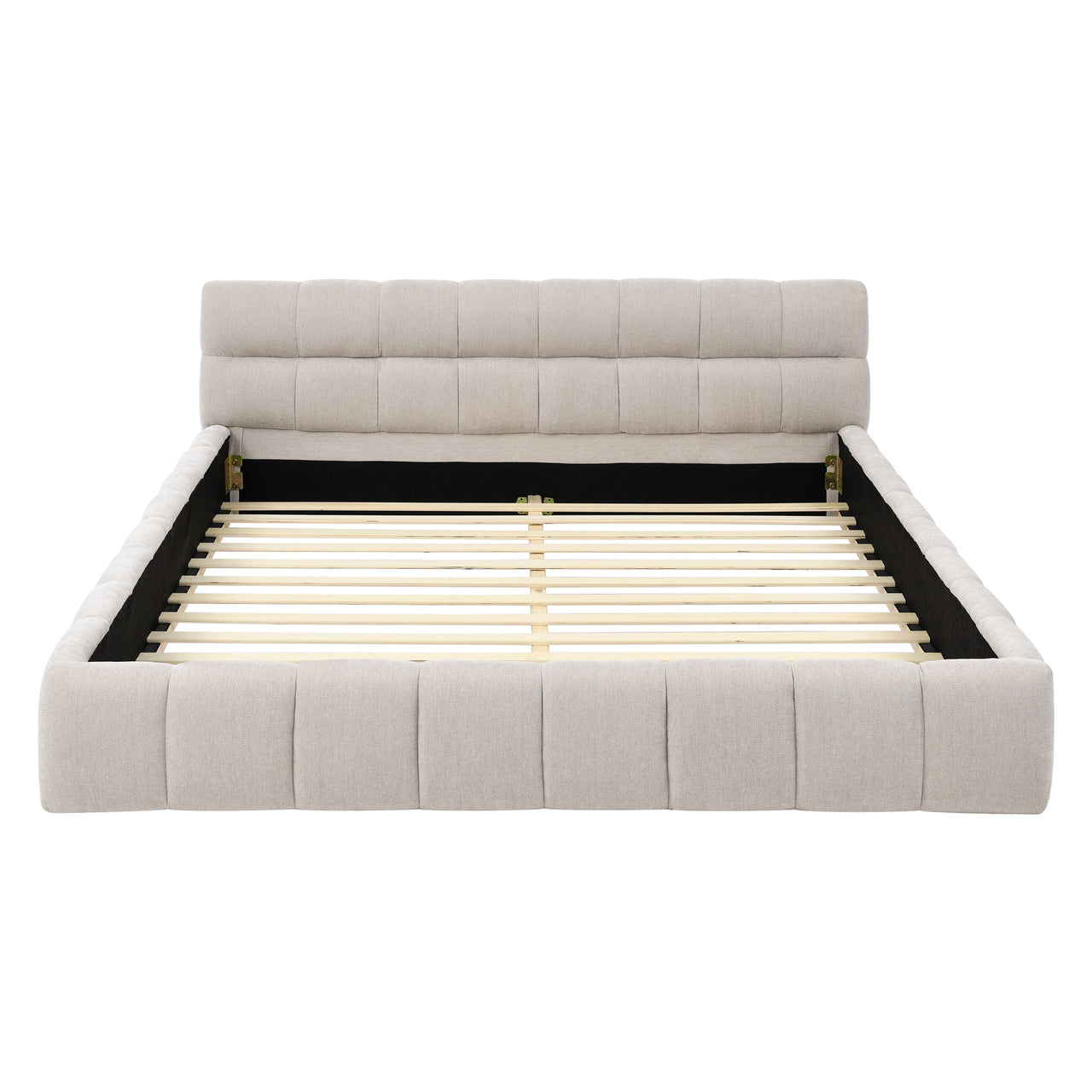 Modern Queen Size Upholstered Bed Frame with Headboard, Thick Chenille Fabric, Beige