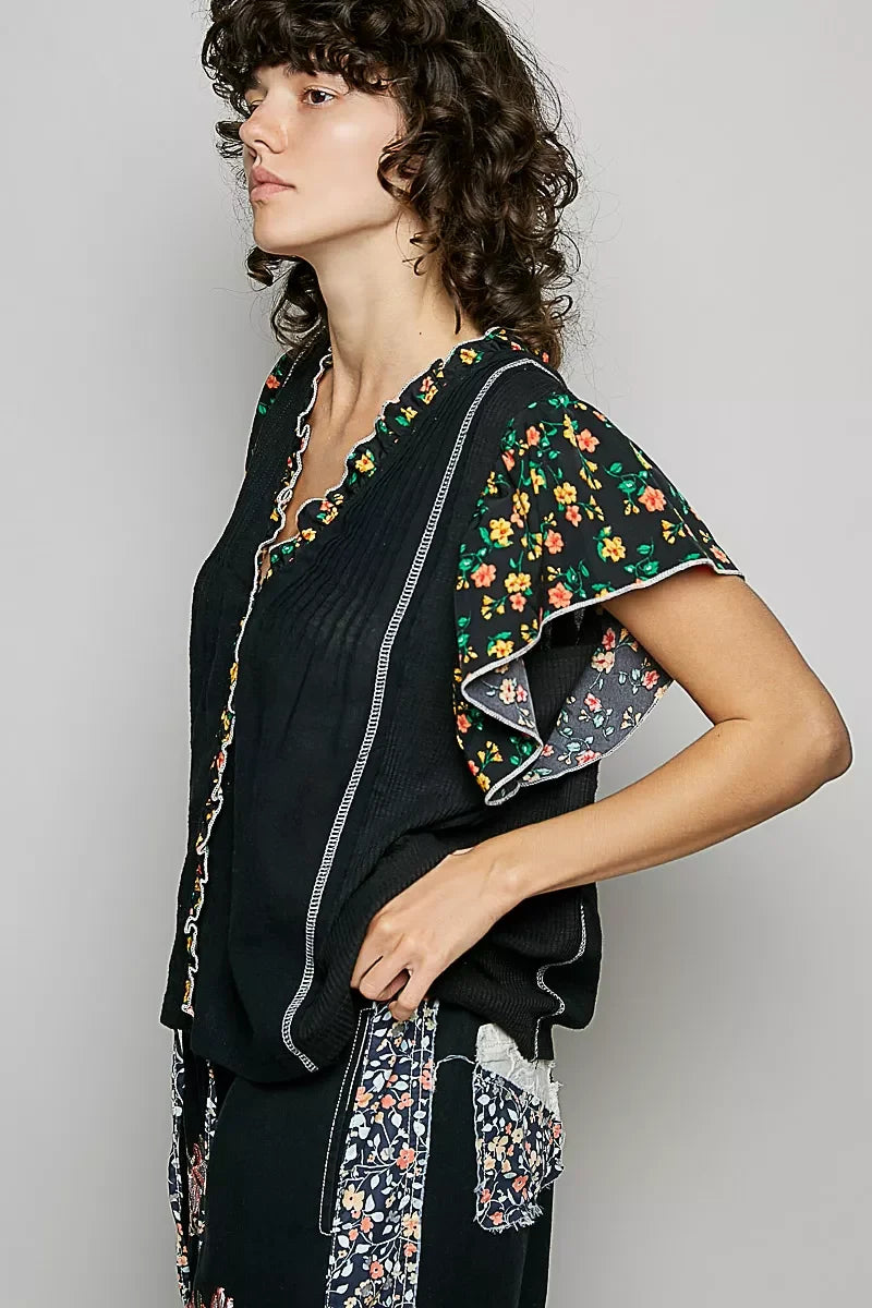 POL V-Neck Floral Ruffle Sleeve Blouse