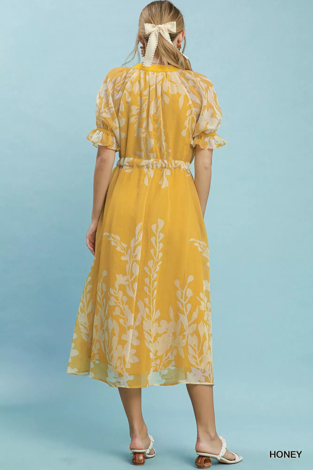 Umgee Floral Print Tie Waist Midi Dress with Side Pockets