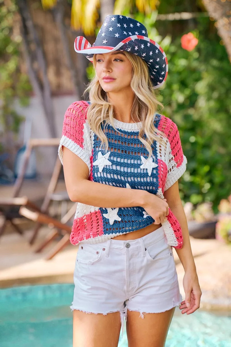 BiBi Crochet Star Patches 4th Of July Sweater Cover Up