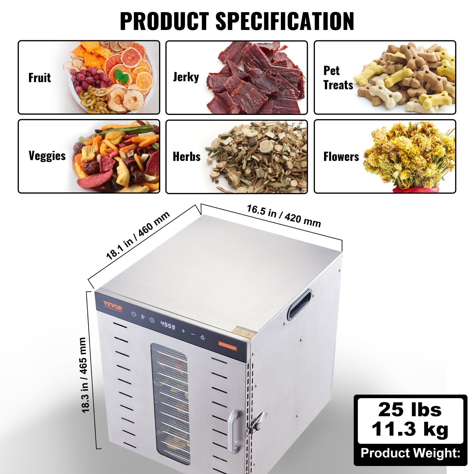 Food Dehydrator Machine, 10 Stainless Steel Trays, 1000W Electric Food Dryer with Digital Adjustable Timer & Temperature for Jerky, Herb, Meat, Beef, Fruit, Dog Treats and Vegetables