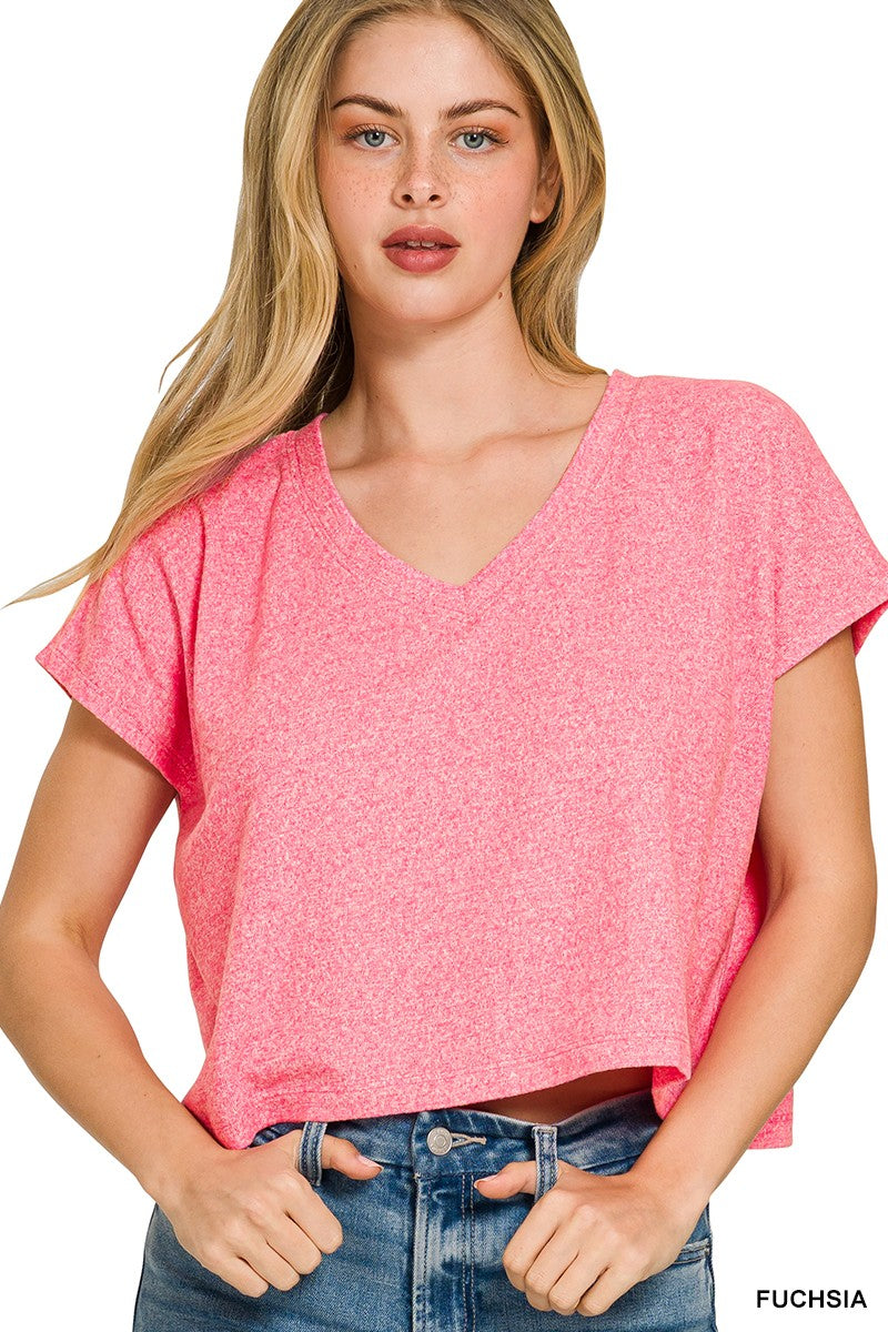 Zenana Soft Melange V-neck Drop Shoulder Cropped Top
