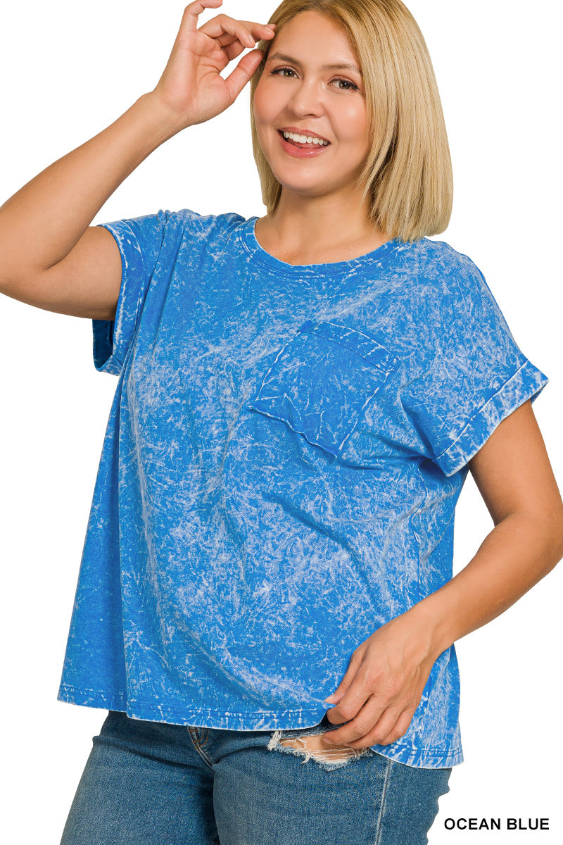 Zenana Full Size Crinkle Washed Round Neck Folded Short Sleeve Tee Plus Size