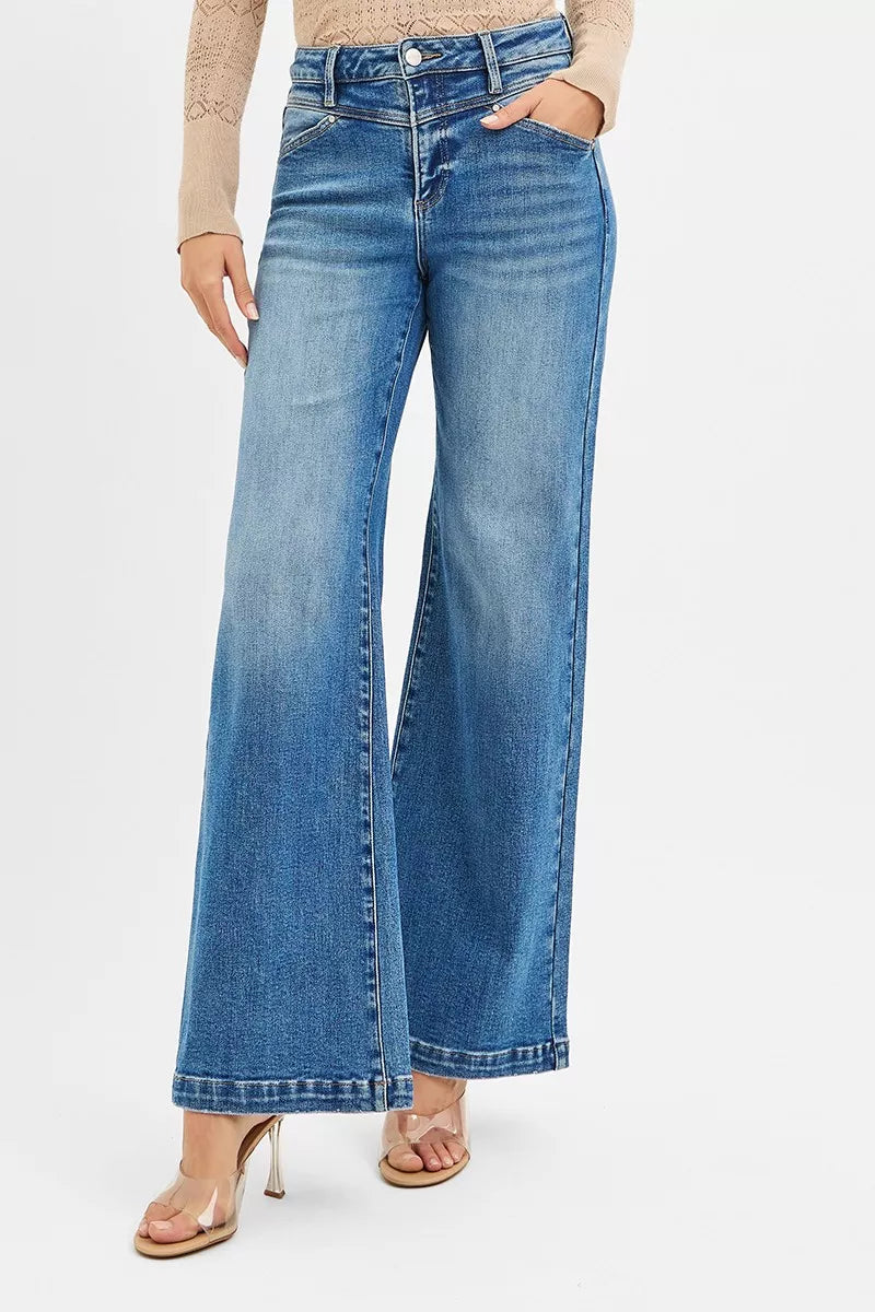RISEN High Rise Wide Leg Jeans with Front Yoke and Heart Back Pocket