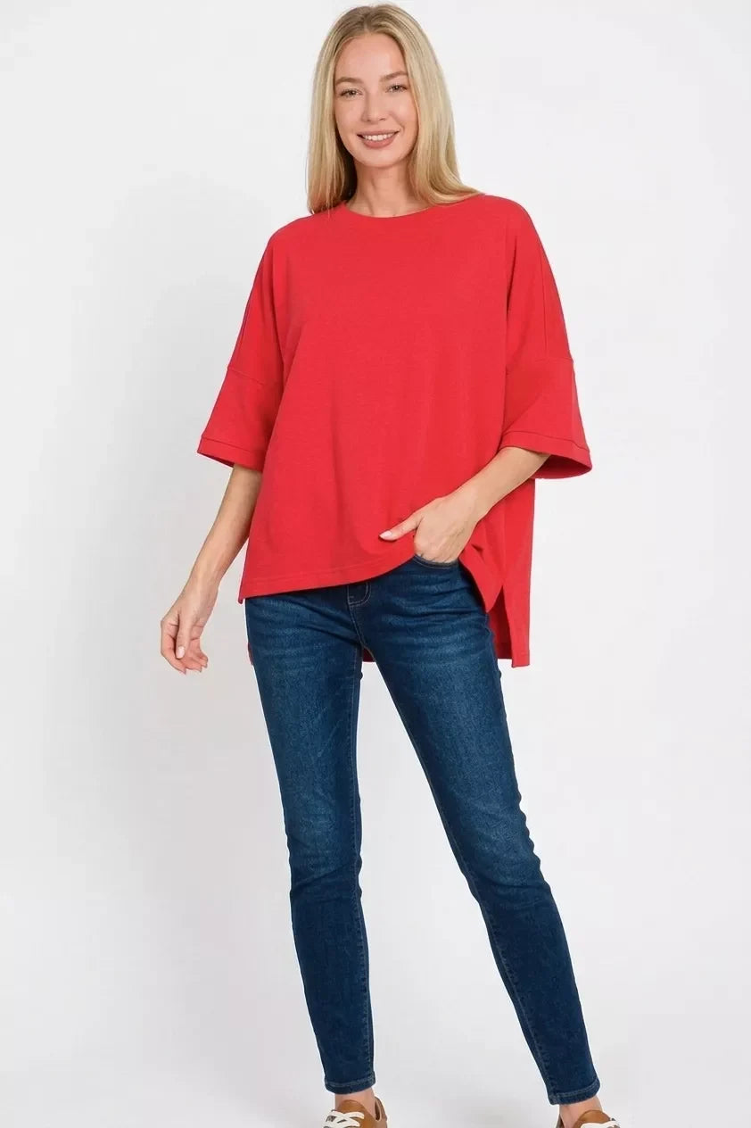 Zenana Scuba Round Neck Top with Side Slits