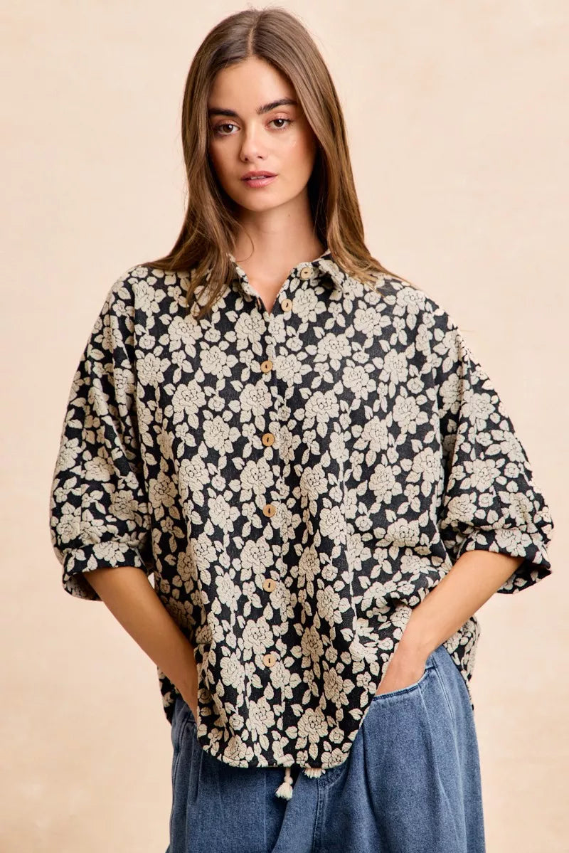 BiBi Floral Jacquard Short Dolman Sleeves Shirt