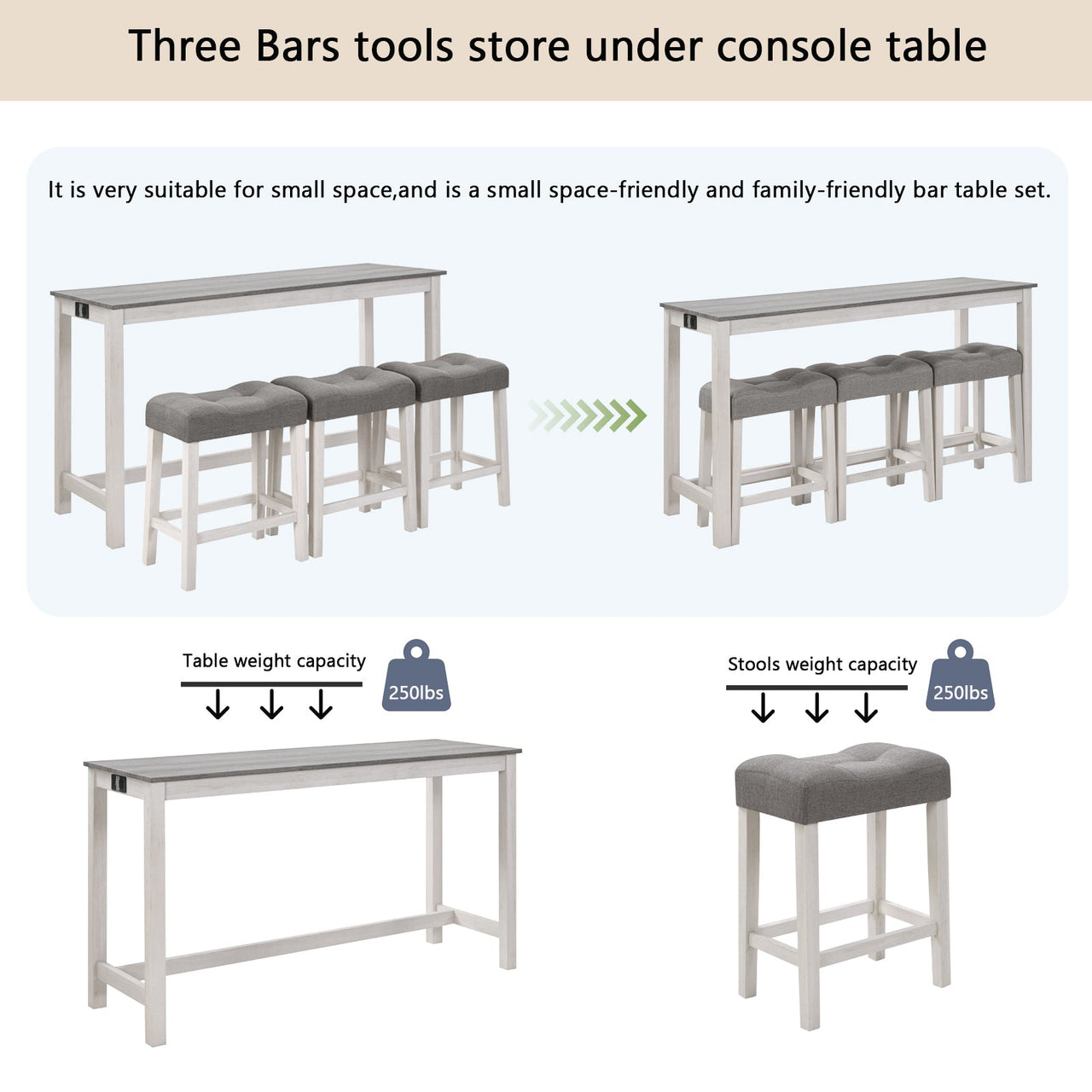 4 Piece Bar Table Set with Power Outlet,Bar Table Set with Chairs,Sofa Bar Table with Stools,Behind Couch Table with 3 Padded Stools,for Living Room,Dining room, White & Grey