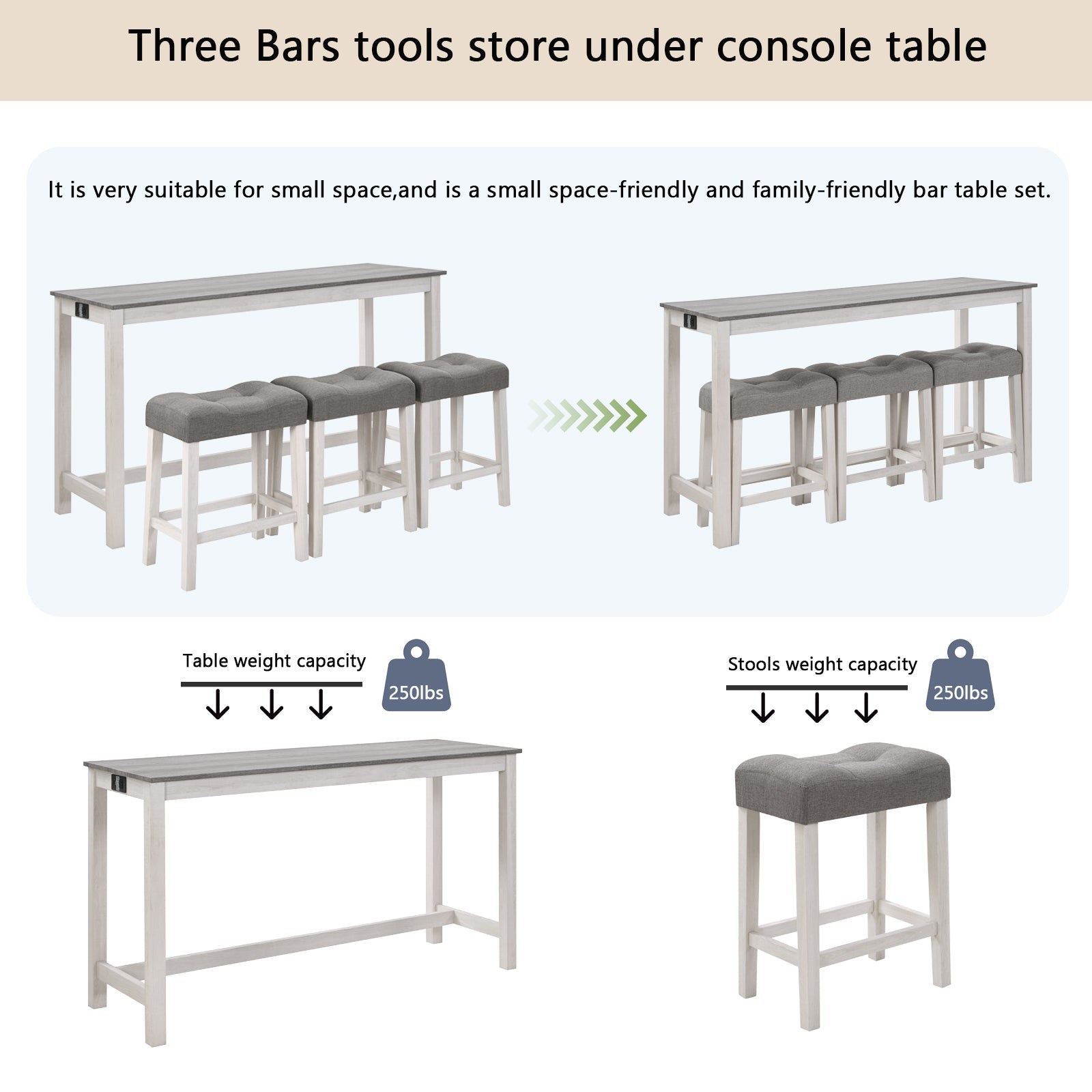 4 Piece Bar Table Set with Power Outlet,Bar Table Set with Chairs,Sofa Bar Table with Stools,Behind Couch Table with 3 Padded Stools,for Living Room,Dining room, White & Grey