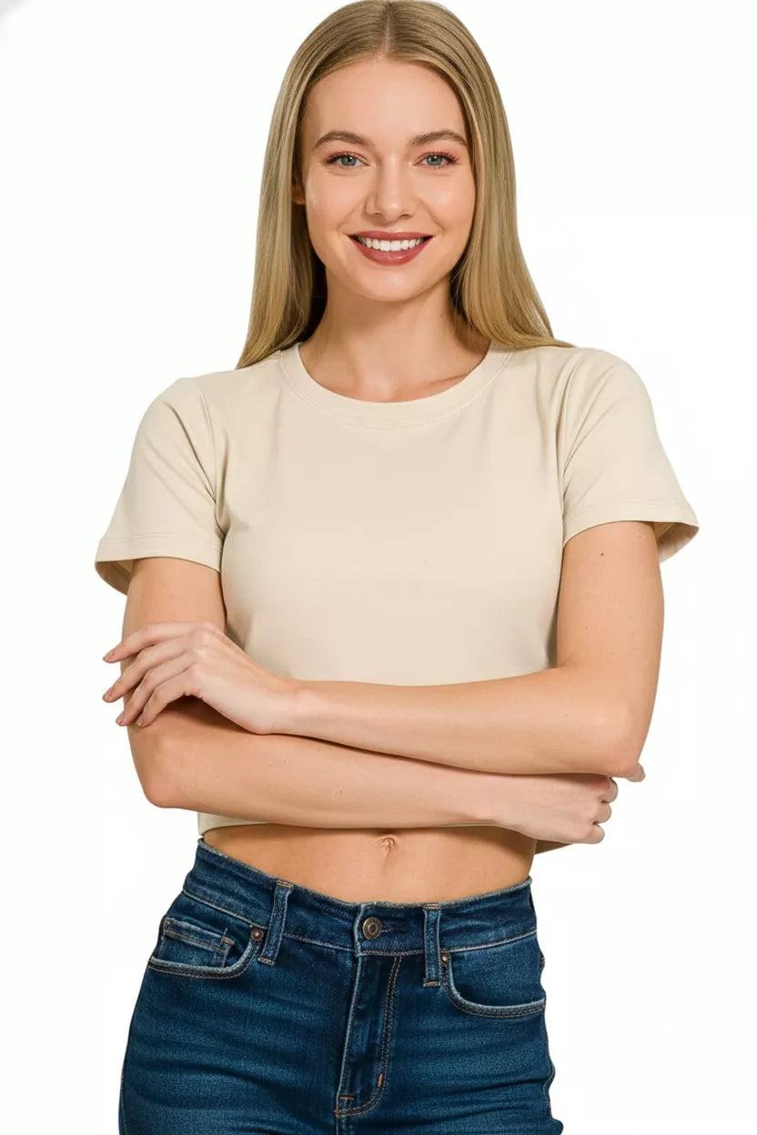 Zenana Cotton Short Sleeve Round Neck Cropped Top