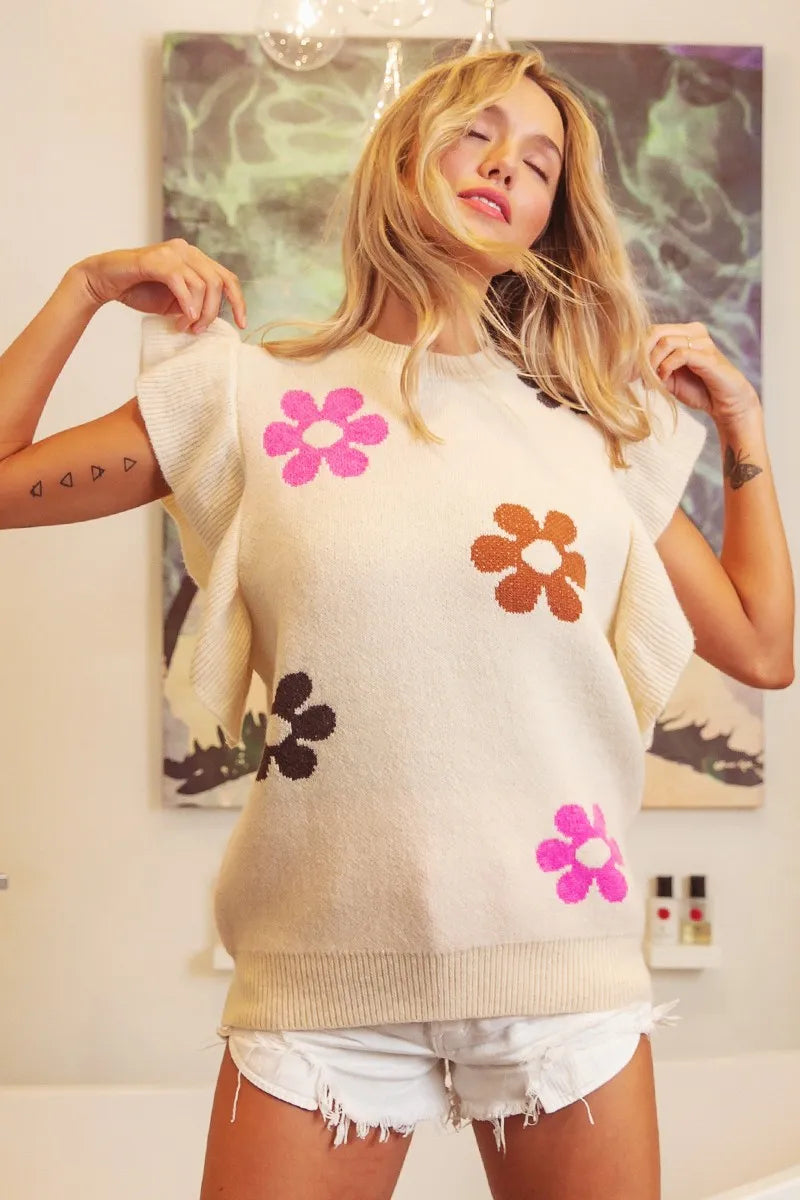 BiBi Flower Printed Ruffled Sleeves Top
