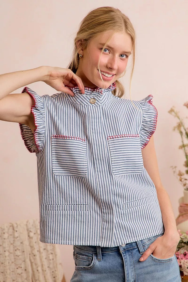SO ME Stripe Twill Stitch Ruffled Hidden Button Vest Top
