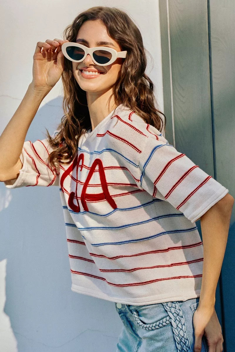 SO ME Usa Stripe Knit Short Sleeves Sweater Top