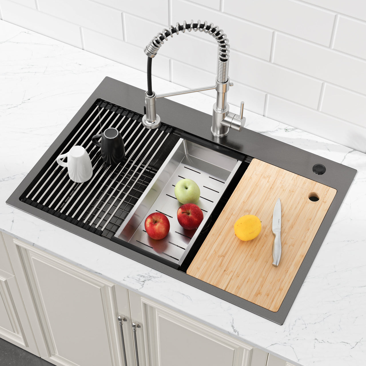 Stainless Steel Kitchen Sink, 33″x22″ Single Bowl, Overmount Handmade Sink in Black, with Cutting Board, Colander, Grid, SS-BL-01