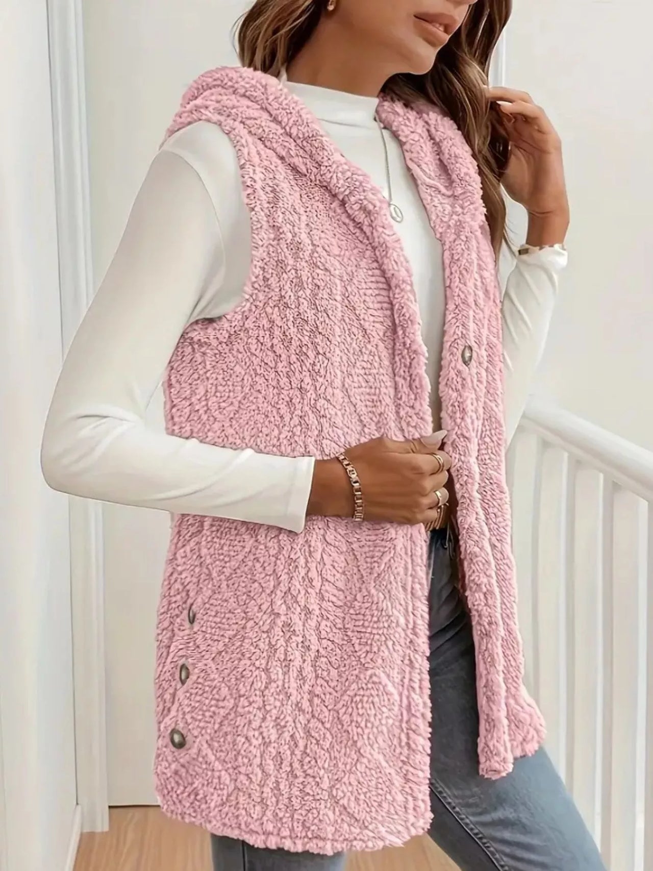 Button-Down Sherpa Hooded Vest Coat
