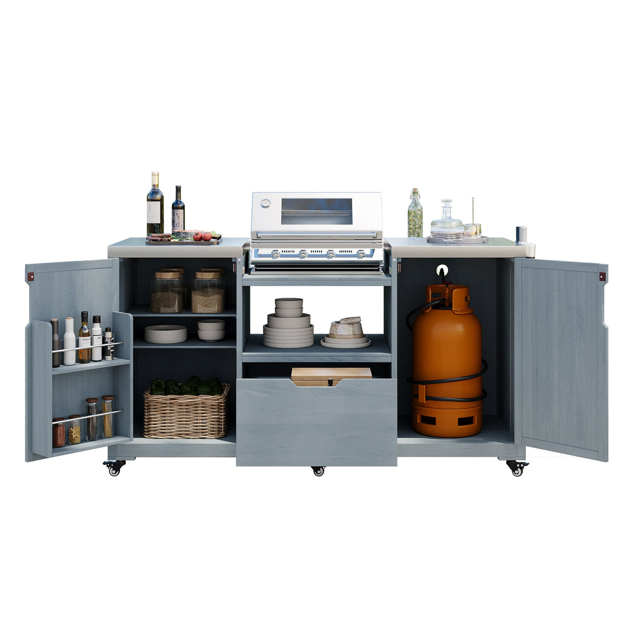 K&K 66.5' Outdoor Kitchen Island for Big Green Egg Grills, Solid Wood Outdoor Grill Cart for Tabletop Grill with Stainless Steel Top, Drawer, Compatible with Large Big Green Egg, Kamado Joe- Grey Blue