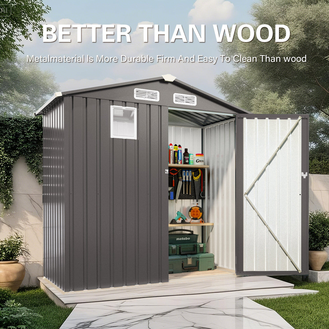6X3.5FT Compact Metal Outdoor Storage Shed with Peaked Roof and Lockable Door, Gray,