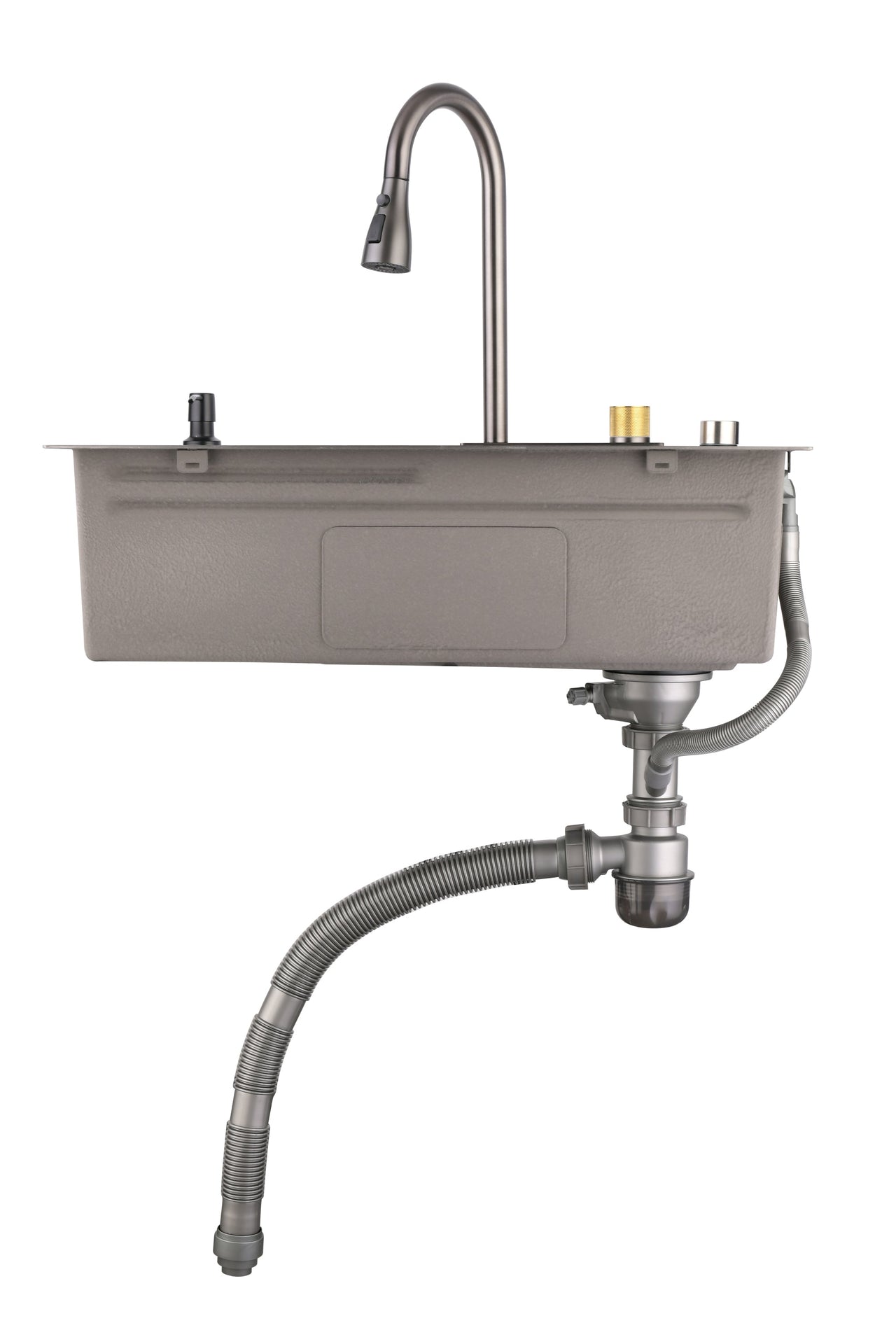 Waterfall Kitchen Sink, Stainless Steel Single Bowl in Black, Multifunctional Workstation with Flying-rain Faucet and Cutting Board, 30×18″ Stainless Steel Single Bowl Sink, LS-SSBL05