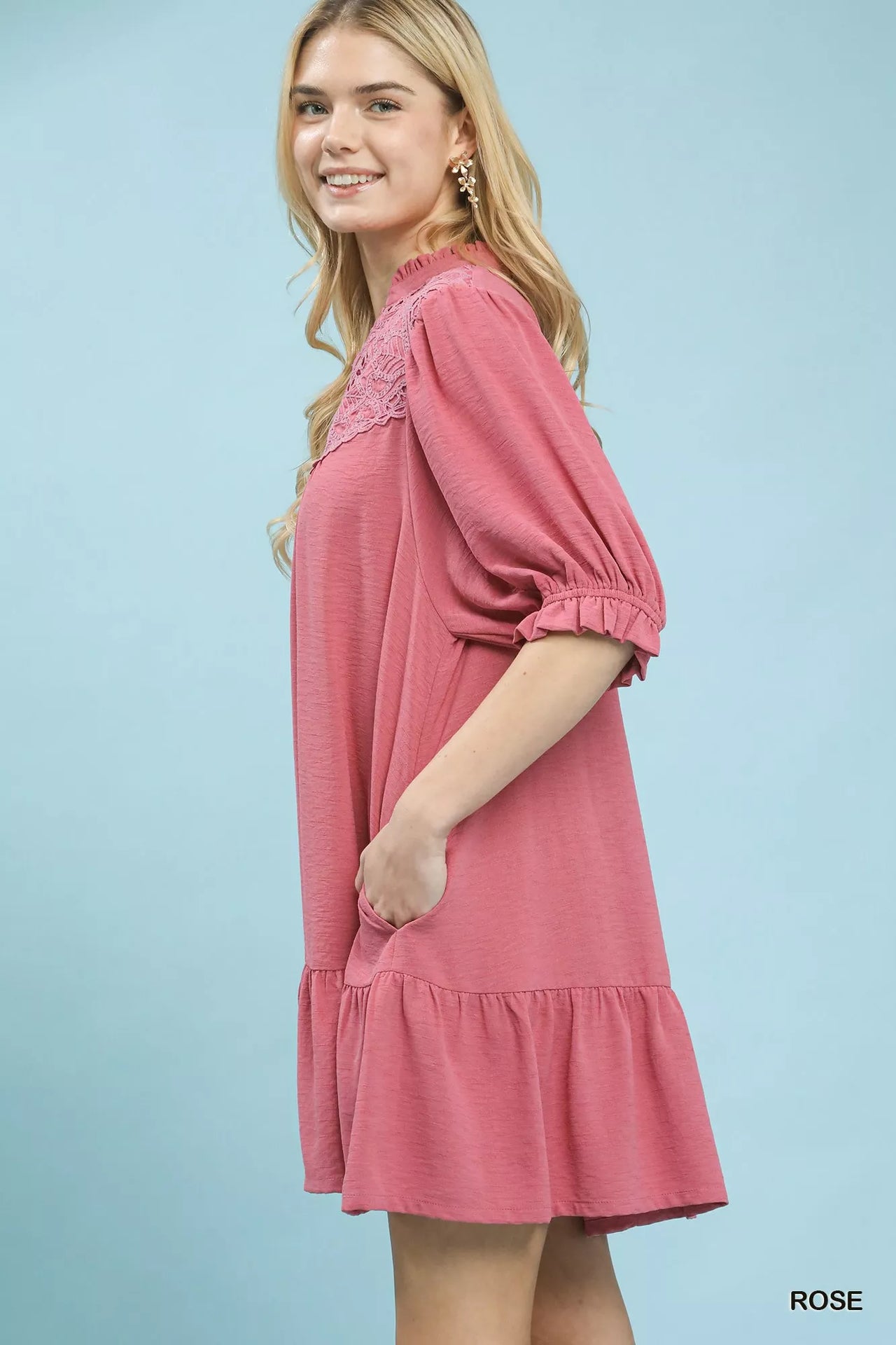 Umgee Lace Yoke Tiered Mini Dress