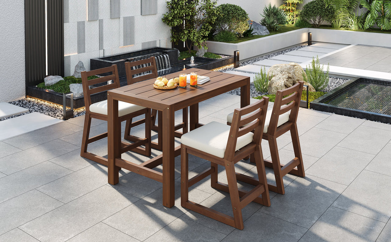 TREXM Rustic Patio Bar Set with Ergonomic Chairs, Solid Wood Slatted Tabletop in Mocha+Beige Cushion