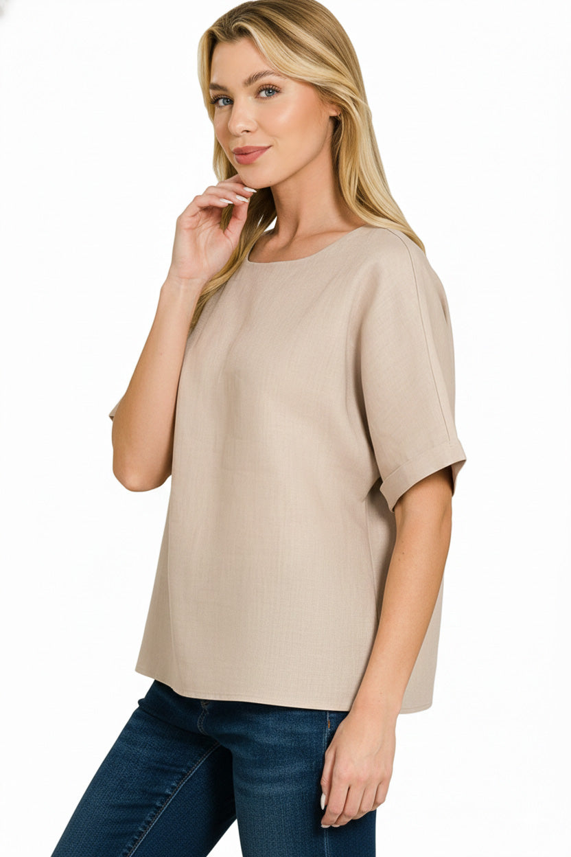 Zenana Linen Round Neck Cuffed Sleeve Top