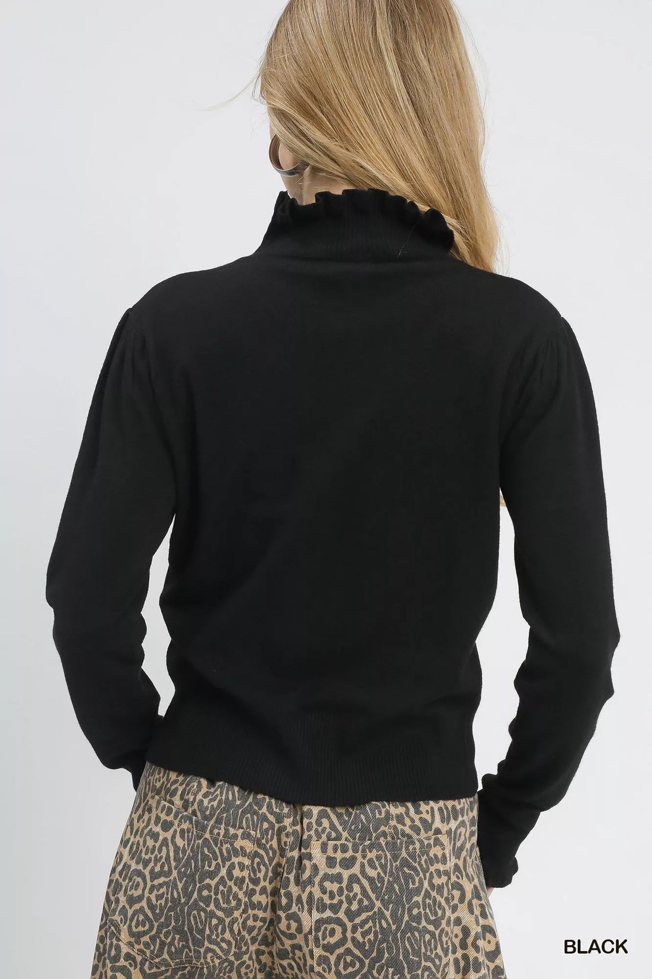 Umgee Ruffle Mock Neck Puff Sleeve Sweater