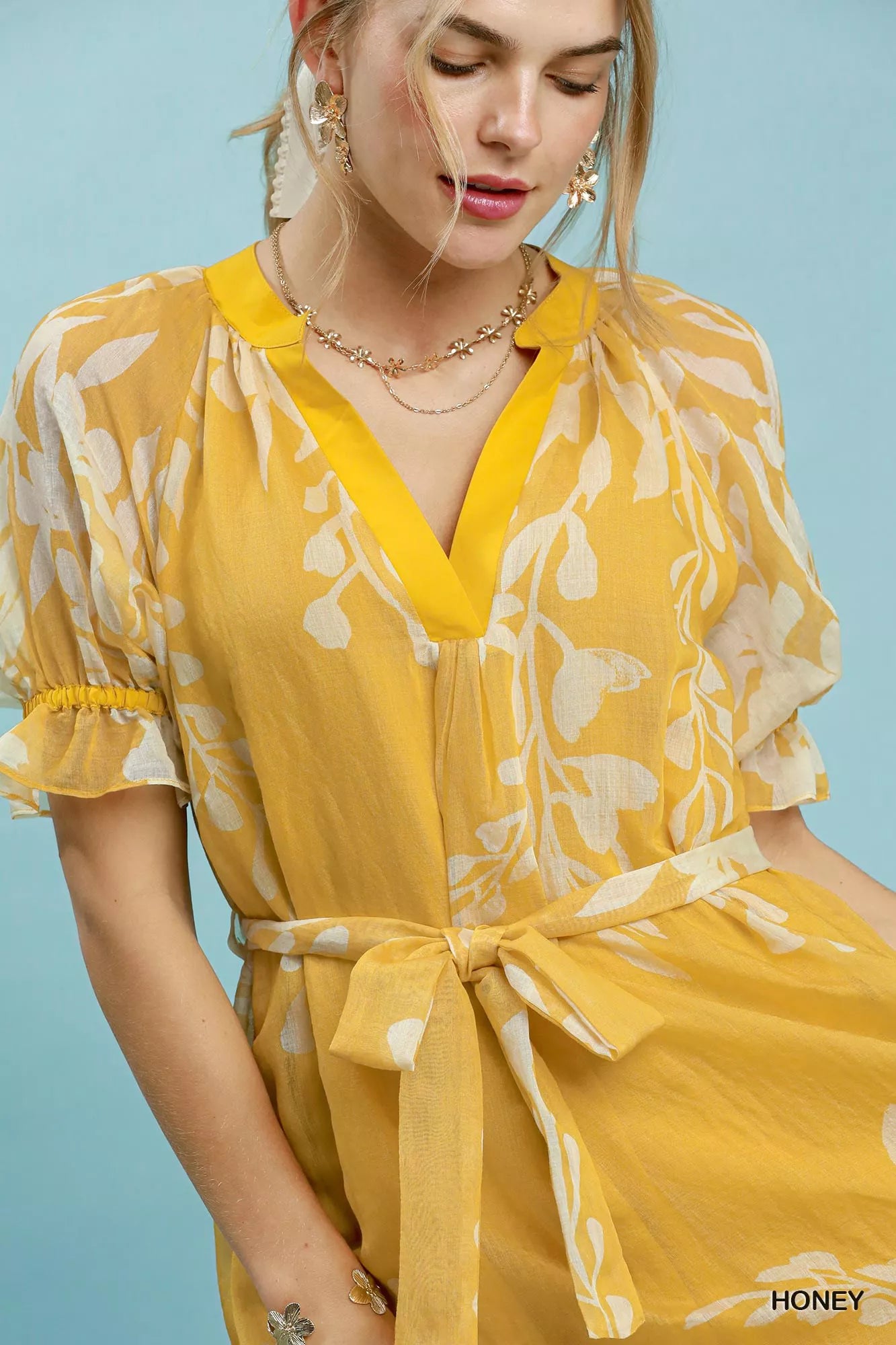 Umgee Floral Print Tie Waist Midi Dress with Side Pockets