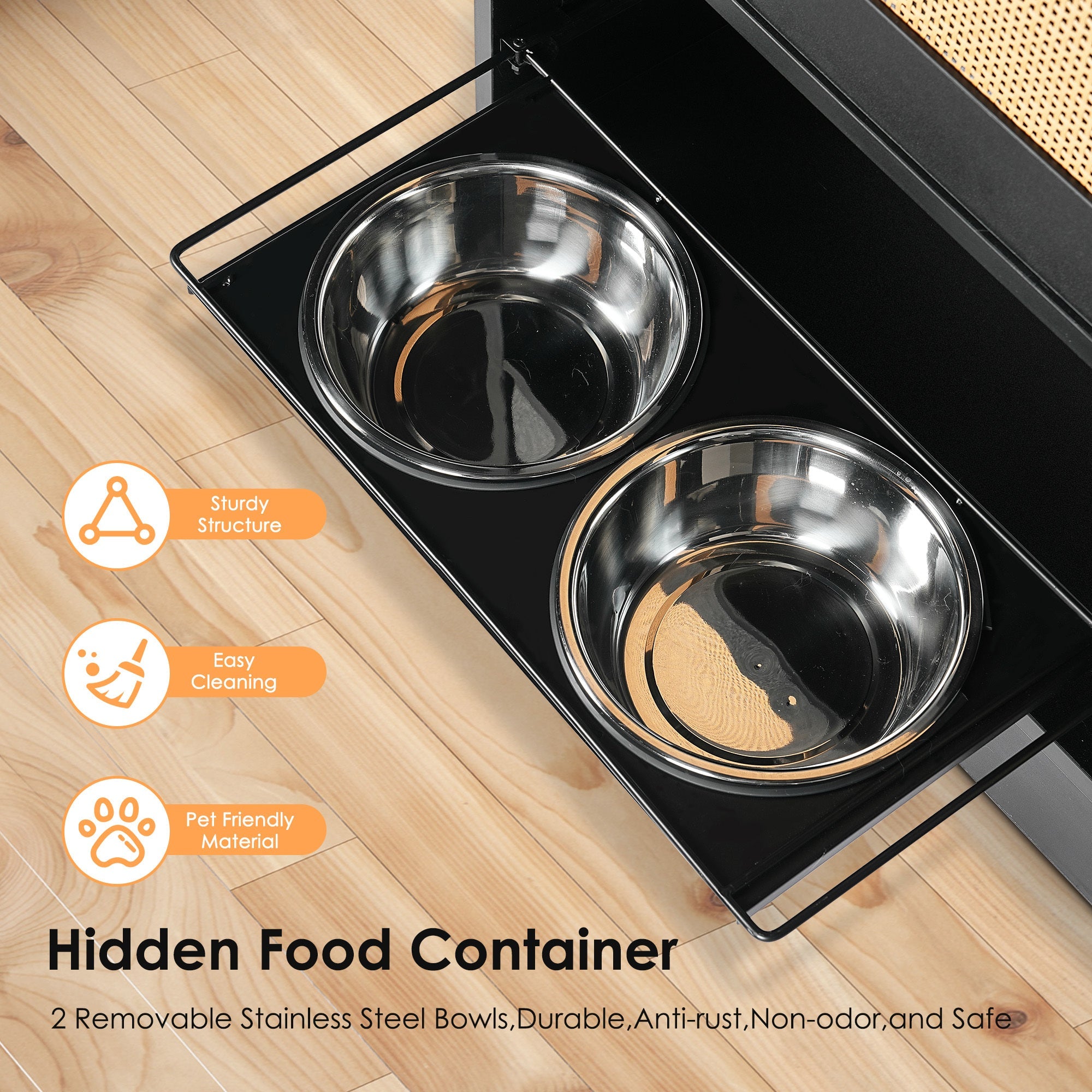 Feeding Station with 1 Storage Cabinets, Pet Feeding Station with 2 Elevated Dog Bowls, Side Hooks, Anti-tip Kit, Hidden Pet Feeder Station for Feeding & Watering, Black
