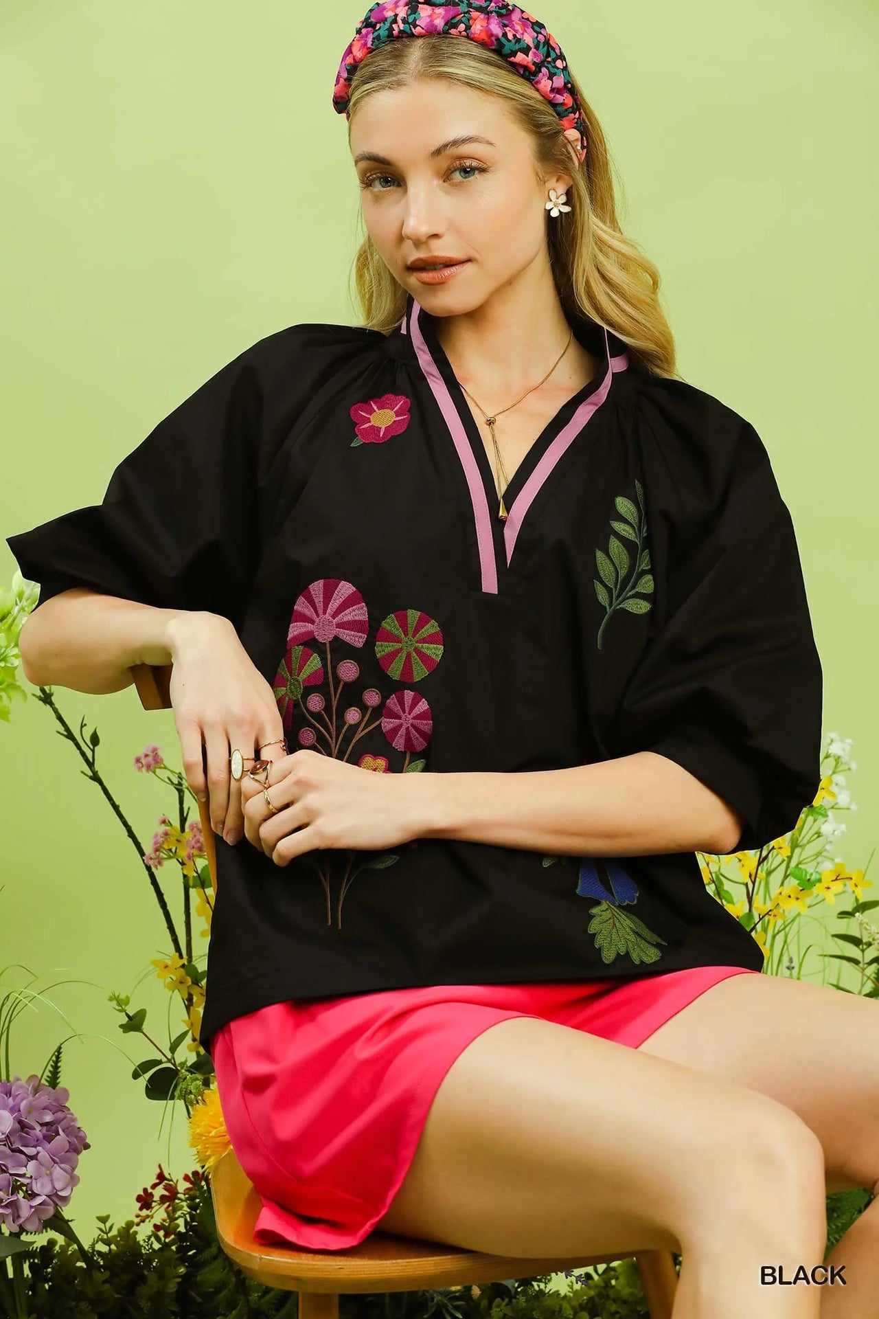 Umgee Embroidered Floral V-Neck Blouse