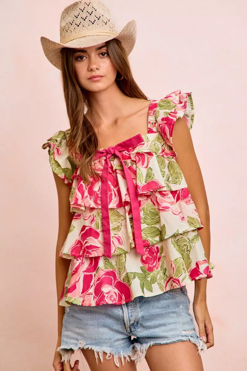 BiBi Floral Print Woven Bow Tie Ruffle Square Neck Top