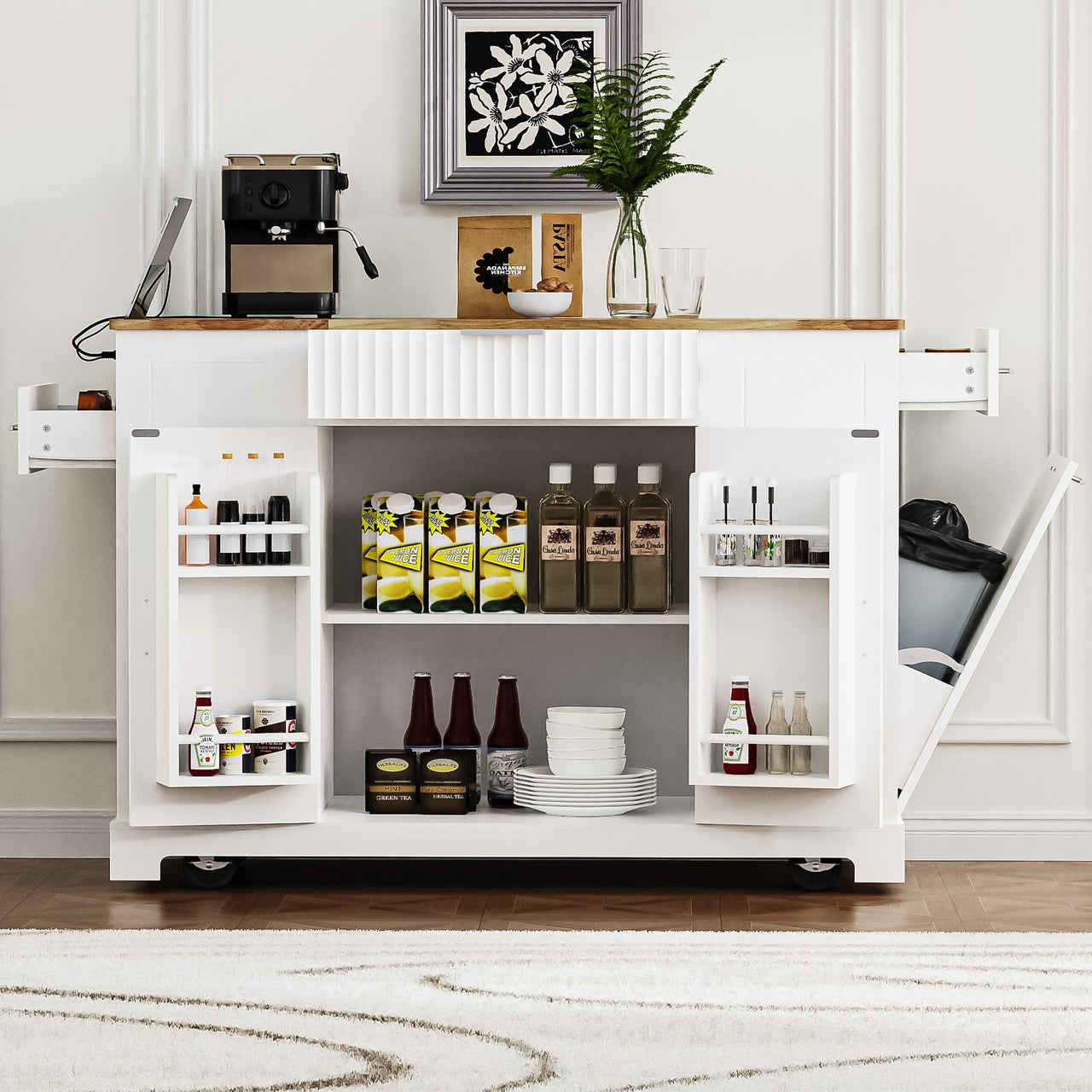 K&K Fluted Kitchen Island with Trash Can Storage Cabinet, Power Outlet, Internal Storage Rack, Rolling Kitchen Islands on 5 Wheels with 3 Drawer, 3 Open Side Racks for 10 Gallon Garbage Bin, White