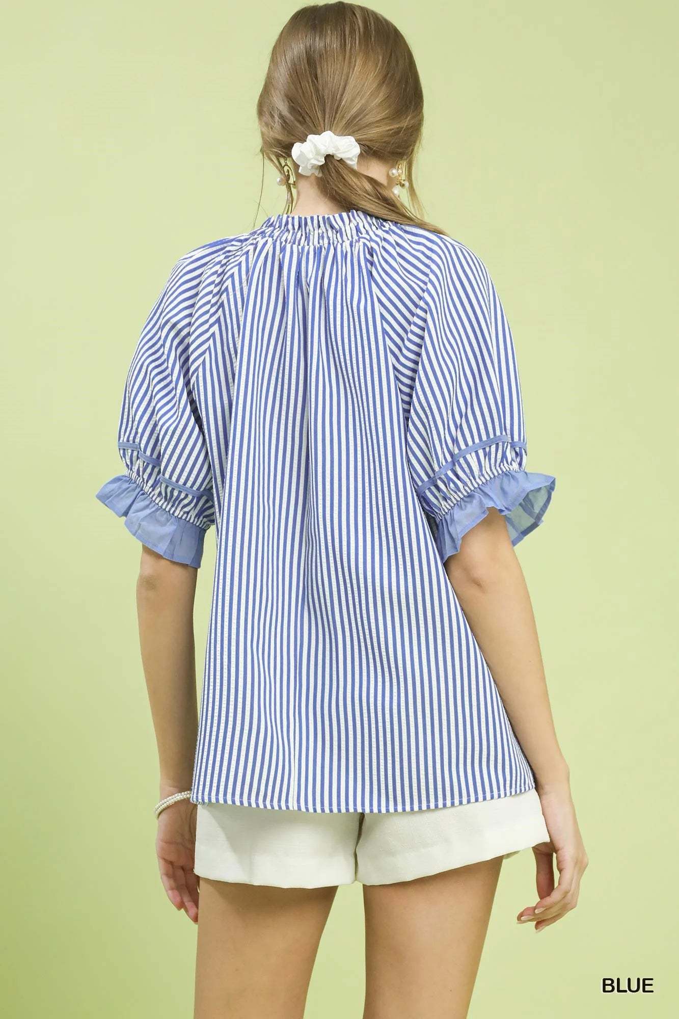 Umgee Stripe Ruffle Sleeve Split-Neck Blouse