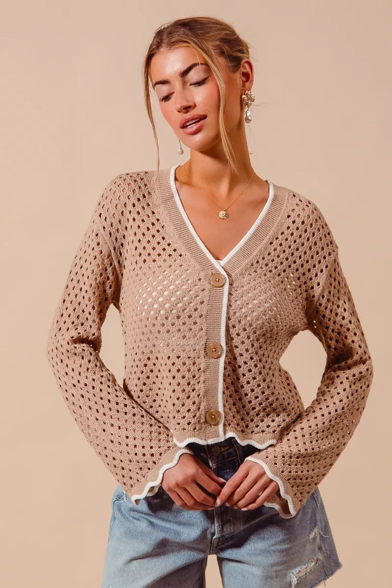 SO ME Open Knit Light Weight Sweater Cardigan With Contrast Wavy Scallop Edge