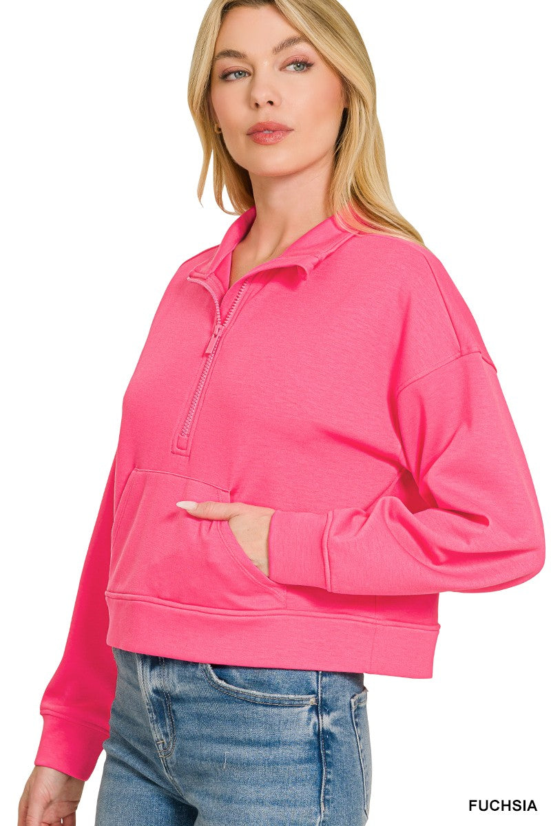 Zenana Scuba Half Zip Pullover With Kangaroo Pockets